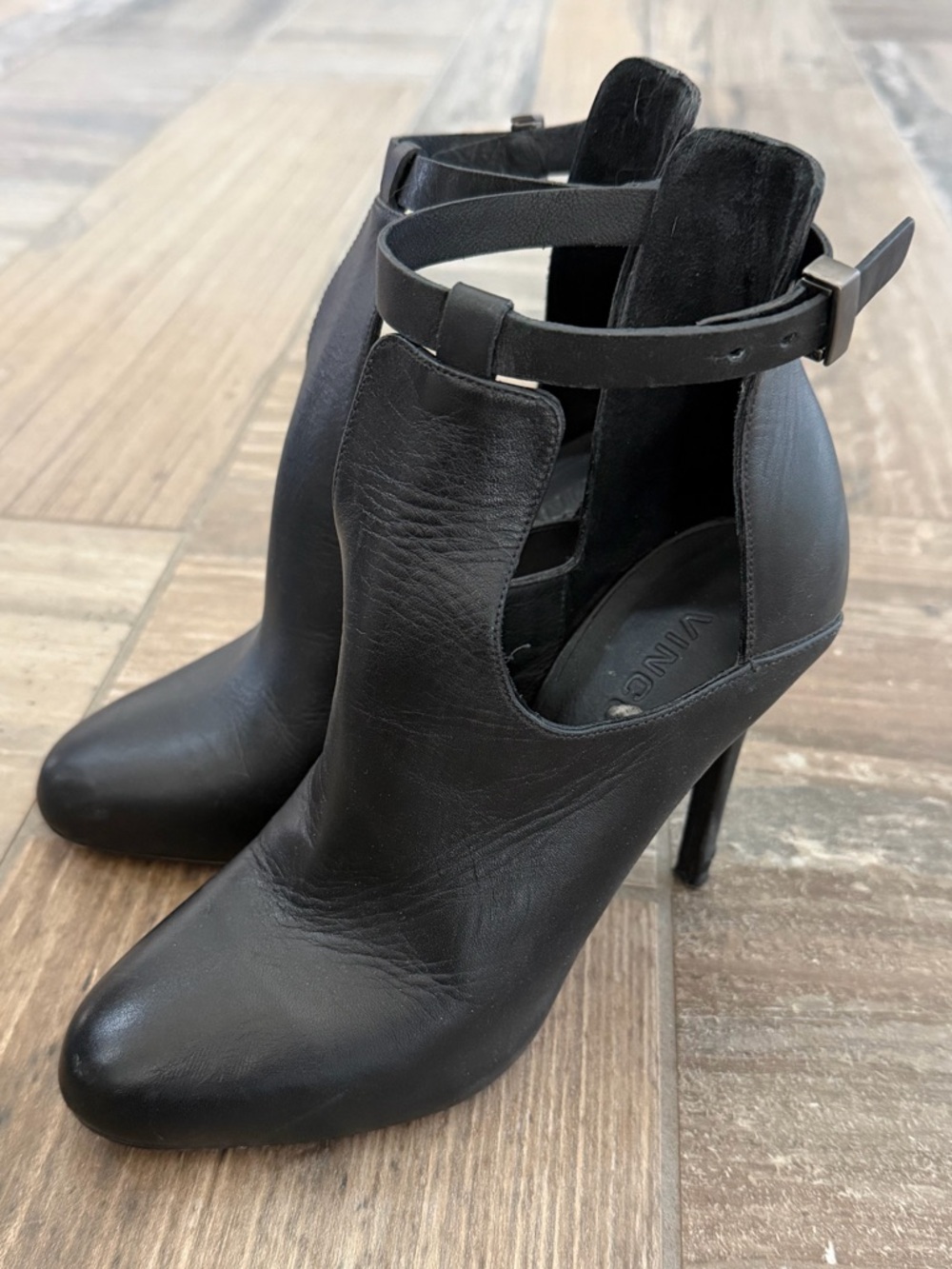 Vince Sonia black leather cutout ankle strap stiletto booties size 7